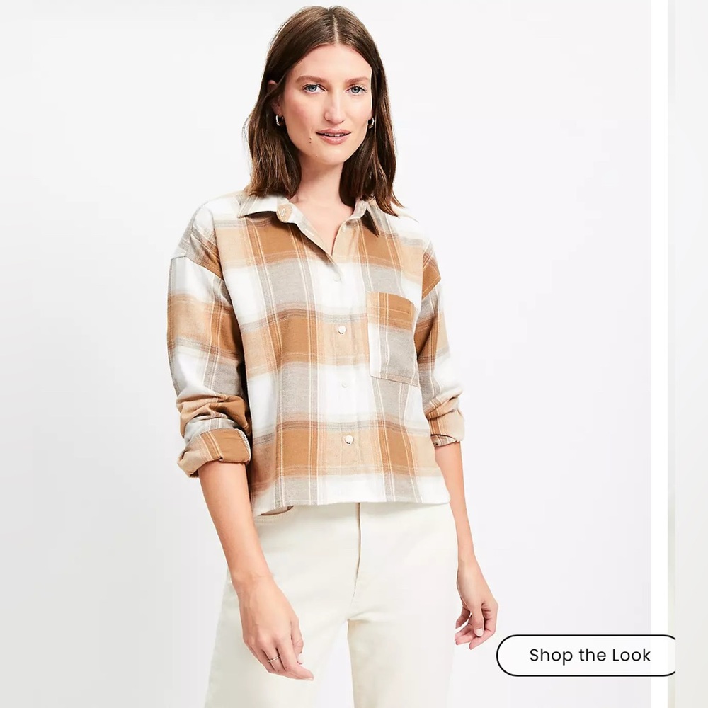 LOFT Brown and Cream Crop Flannel Shirt
